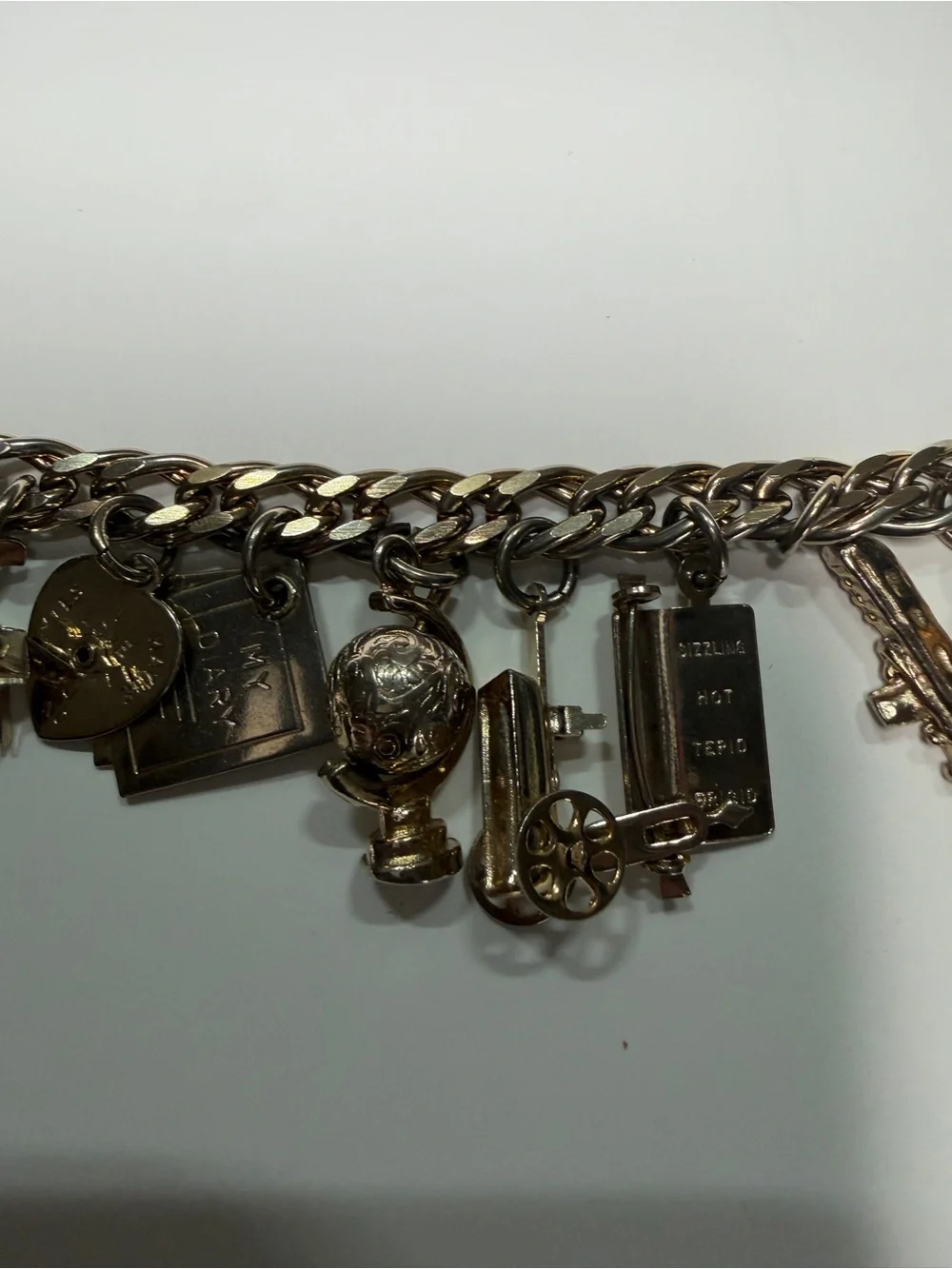 Vintage 1950s Gold Tone Charm Bracelet Keys Diary Globe Mid Century Estate